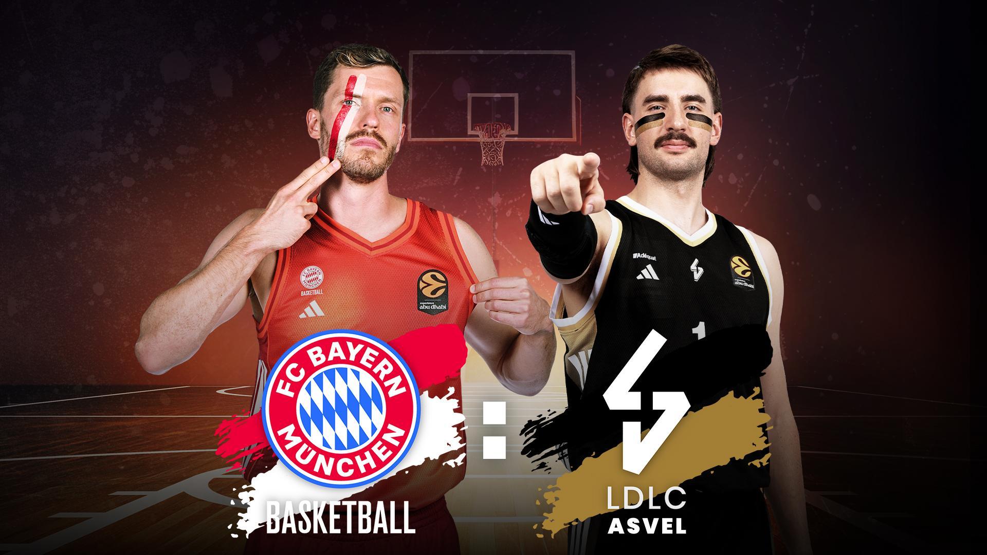 Werbegrafik mit Spielern vom FC Bayern Basketball und ASVEL Villeurbanne mit Vereinslogos.
